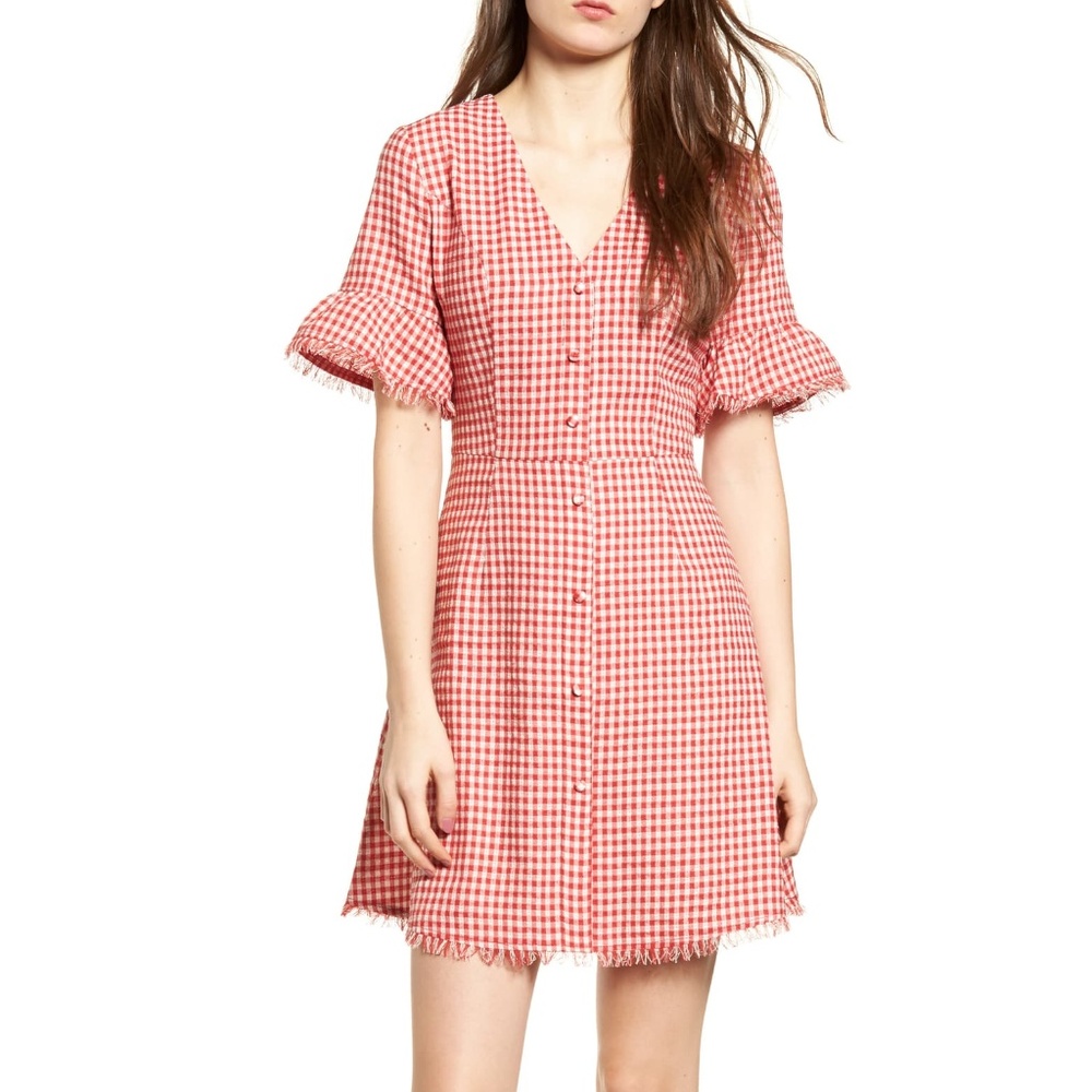 NWT MOON RIVER Red Gingham Ruffle Sleeve Dress - Picture 4 of 6